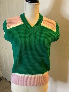 Marni Green V-Neck Knit Vest with Pink and Cream Accents
